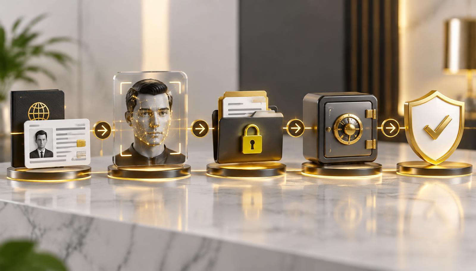 3D KYC workflow showing identity review, escrow, secure documents, face scan and approval